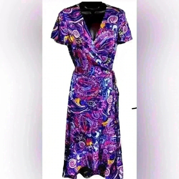 Laundry by Shelli Segal Womens Satin Wrap Dress Size 8 Multi colored Ruffle Hem - Picture 5 of 14